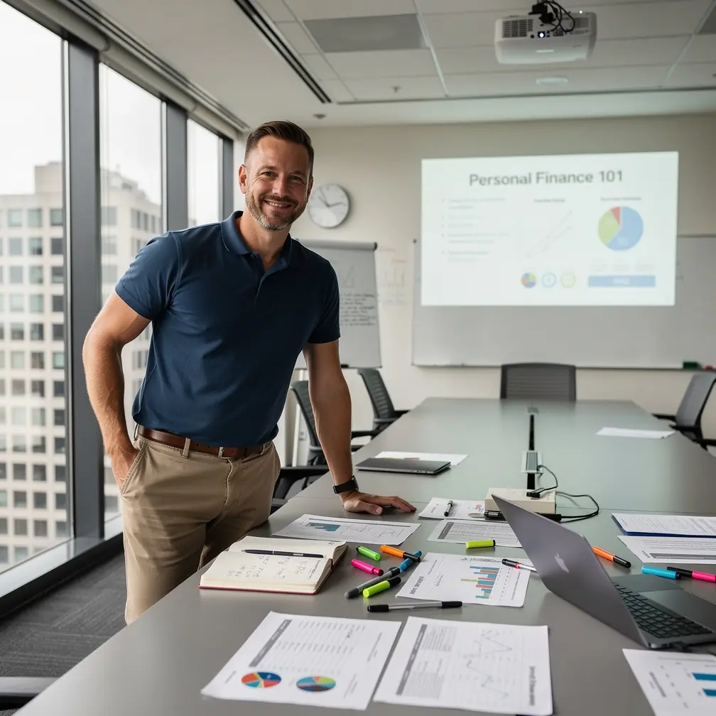 Egy fiatal felnőtt átgondoltan tervezi havi költségvetését laptop előtt, amely a gyakorlati pénzügyi tervezést és önfejlesztést ábrázolja.